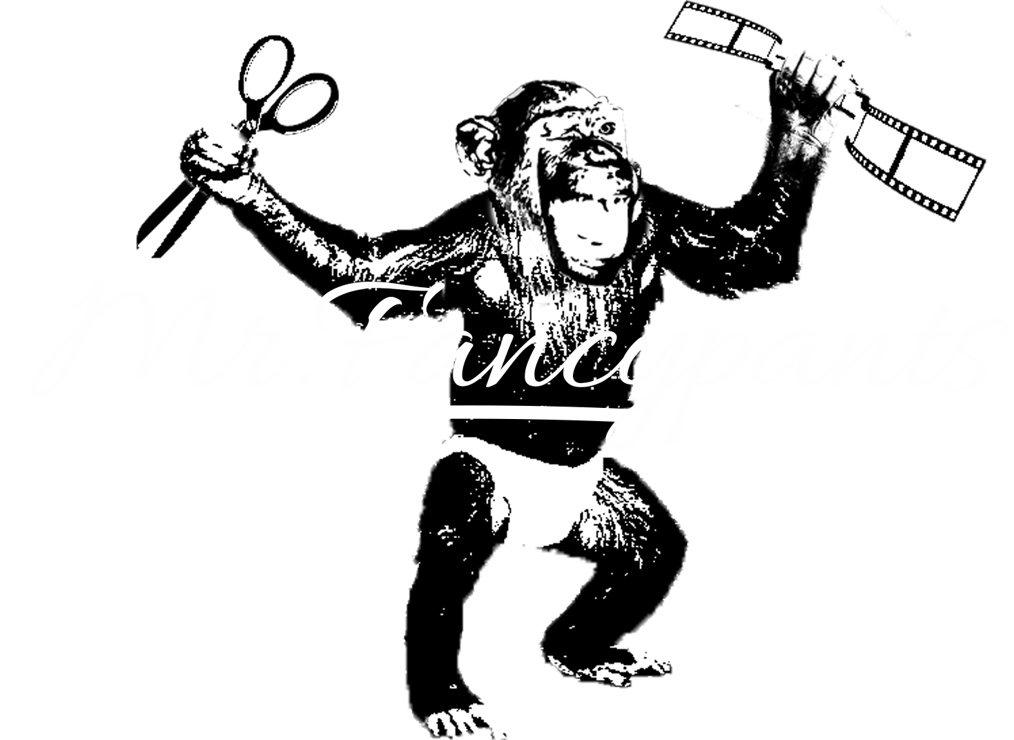 Mr.Fancypants — a chimp in a diaper holding scissors and a strip of 35mm film